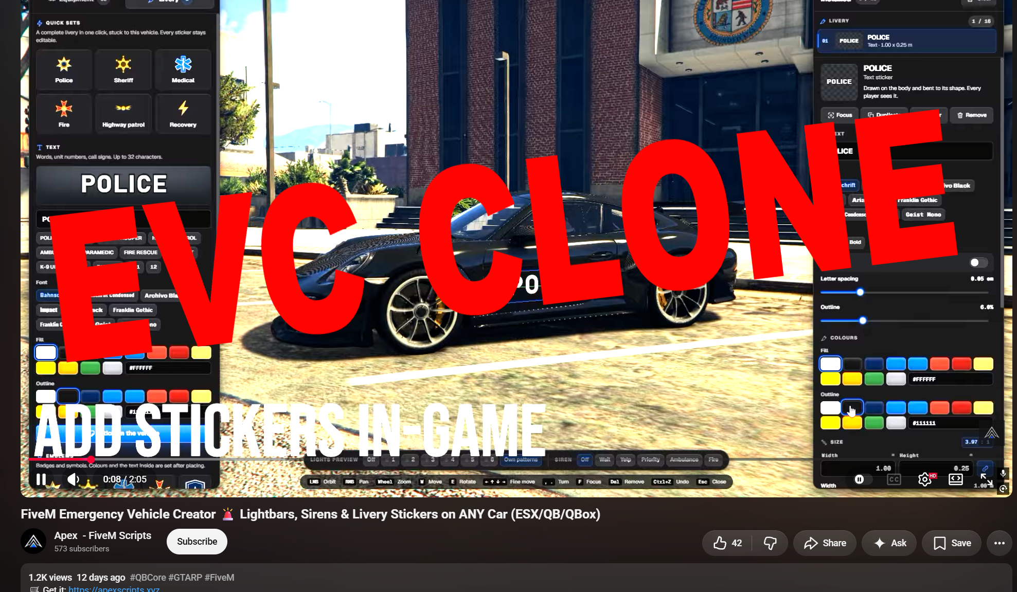 Screenshot of an Apex FiveM Scripts product video for an unofficial Emergency Vehicle Creator-style script