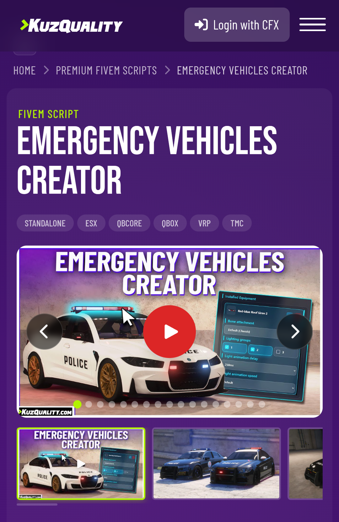 KuzQuality Emergency Vehicles Creator product page for kq_emergency