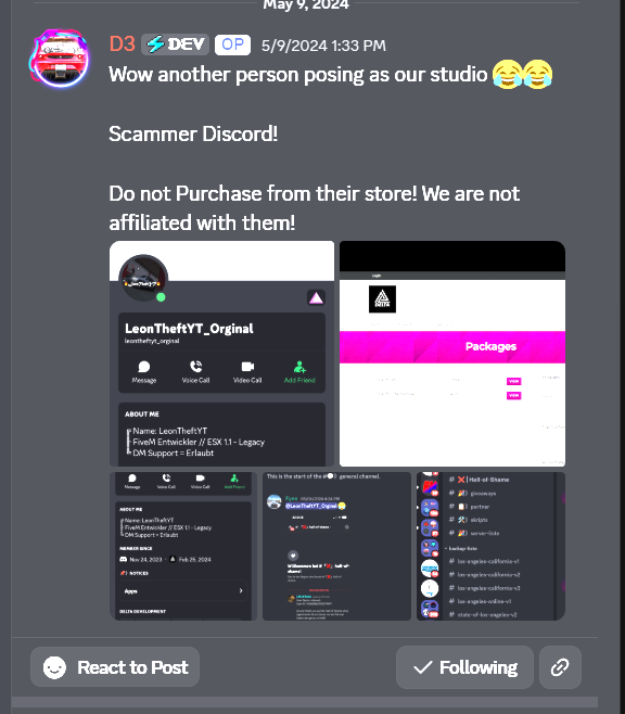 Archived D3lta Development Studios warning about an account presenting itself as affiliated with the studio