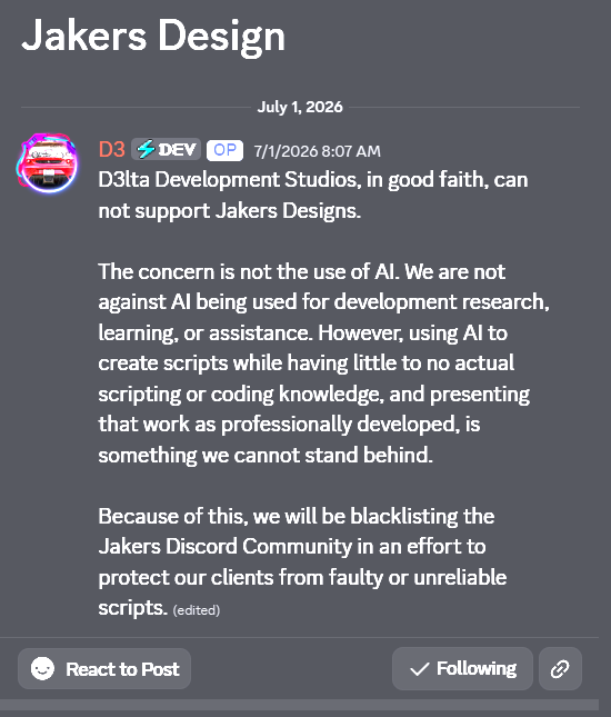 Archived D3lta Development Studios moderation notice concerning Jakers Design
