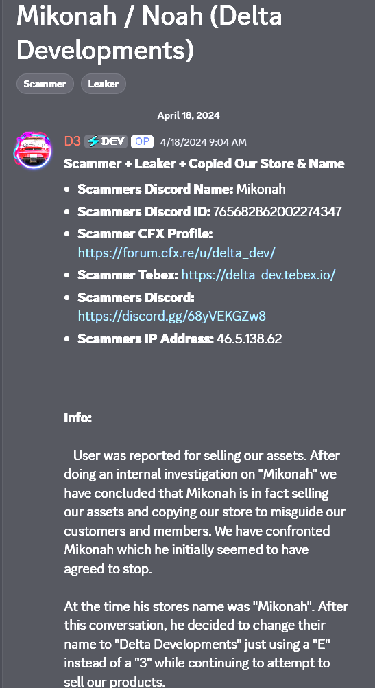 Archived D3lta Development Studios moderation notice concerning Mikonah or Noah and Delta Developments